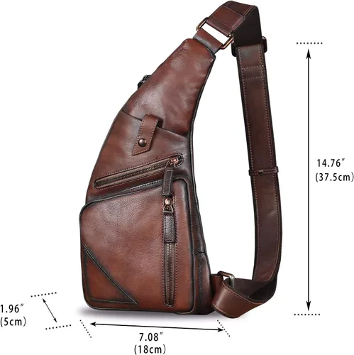 Vista 5 de Bolso bandolera de cuero genuino para hombre, estilo vintage, hecho a mano, mochila de senderismo, mochila retro cruzada, Marrón claro, Mediana
