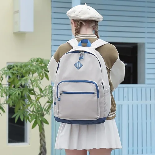 Vista 8 de Lohol Mochila clásica para niñas, niños y adolescentes, bolsa ligera para libros, escuela, viajes, universidad (beige/azul)