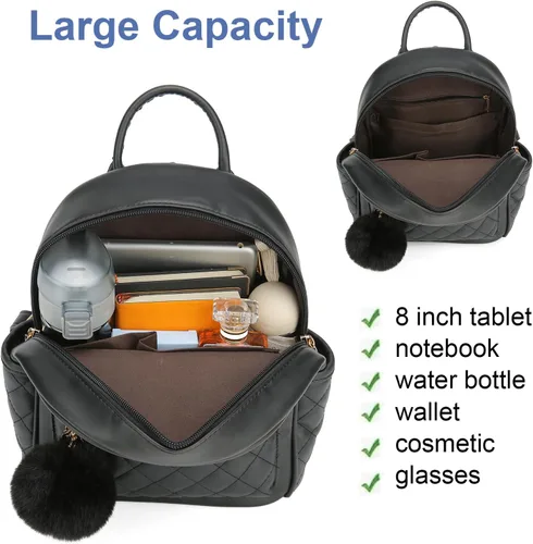 Vista 4 de Mini mochila de moda para niñas, bolso pequeño lindo de cuero a cuadros para mujer, mochilas pequeñas, Negro -, Mini mochila de moda para niñas