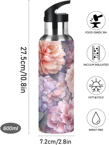 Vista 9 de BPA-Free Sport Water Bottle Insulated 20 Oz, Stainless Steel Vacuum Insulated Water Bottle for Gym Outdoor Travel School, Watercolor Peonies