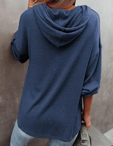 Vista 3 de LuckyMore Sudaderas con capucha para mujer, estilo casual, cuello en V, manga larga, con botones, túnica