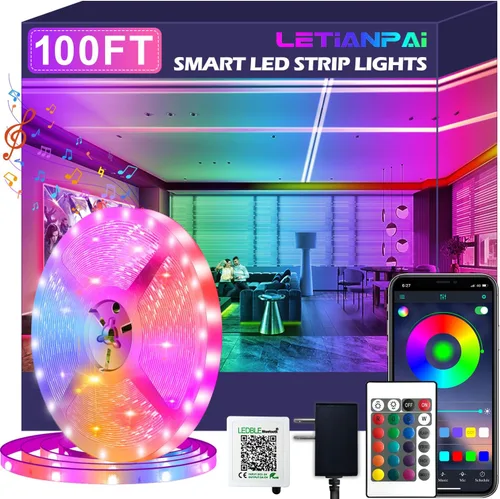 Vista 12 de Tira de luces LED inteligentes, con sincronización de música, 5050 RGB, luces que cambian de color, aplicación Bluetooth, control remoto por
