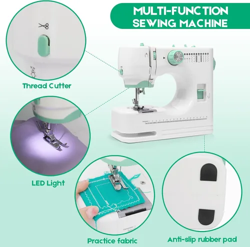 Vista 8 de Máquina de coser para principiantes con 12 puntadas integradas, 6 pies incluidos, máquina de coser portátil con pedal de pie, velocidades altas-bajas
