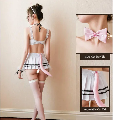 Vista 7 de Disfraz de gato de anime japonés para mujer, conjunto de lencería Lolita Kitten