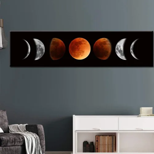 Vista 2 de Ohhvvow Pintura de Arte de Pared de Fases Lunares, 47L x 11.8W Negro y Leonado Arte de Pared de Lienzo Abstracto Moderno para Decoración de Sala