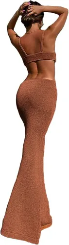 Vista 5 de Antopmen Vestido largo de punto con tirantes delgados para mujer, elegante, sexy, corte de fiesta, sin espalda, entallado, entallado