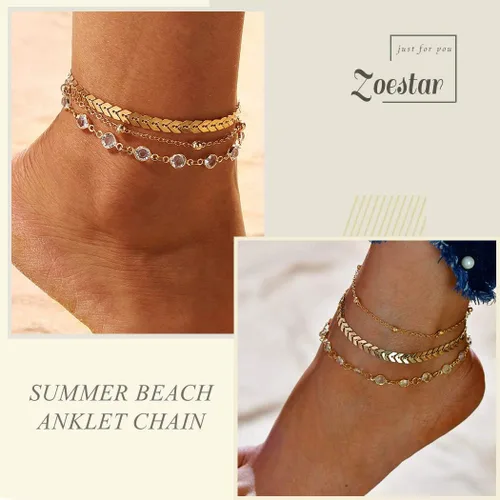 Vista 4 de Zoestar Pulsera para el tobillo de tres capas Cadena con hojas, accesorios de joyería para pie, para mujeres y niñas