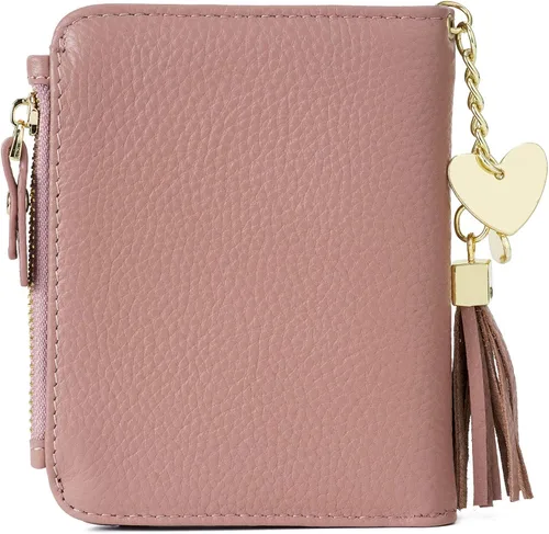 Vista 6 de Mini cartera plegable de cuero suave con protección RFID, para mujer, con funda para tarjeta, con ventana de identificación, monedero