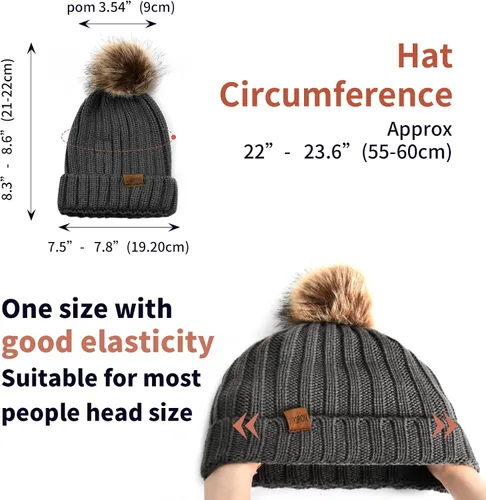 Vista 3 de ZOORON Gorro de punto de invierno para mujer con pompón de piel sintética, gorro de punto cálido para mujer