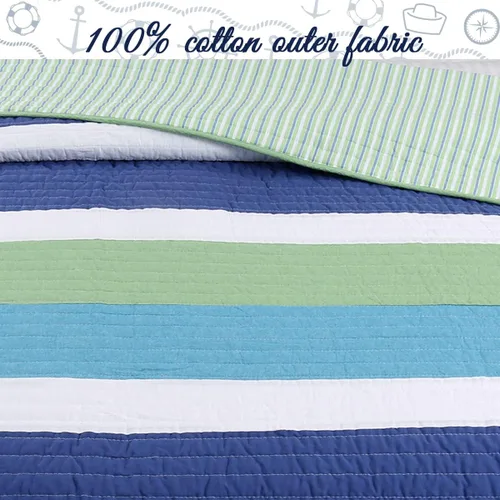 Vista 4 de Cozy Line Home Fashions Waylon - Juego de edredón reversible a rayas 100% algodón, color azul marino, verde y blanco, colcha