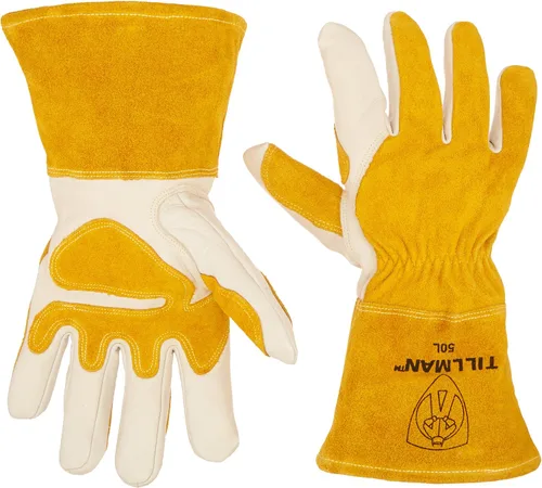 Vista 2 de John Tillman Guantes de Soldador MIG Medianos de 14" de Cuero Vacuno de Grano Superior Dorado y Perlado con Respaldo Dividido, Forrados con Vellón