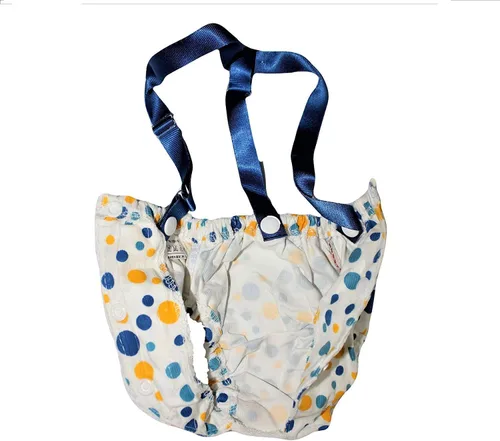 Vista 3 de Pañal para perro hembra con tirantes de algodón, reutilizable, lavable, para razas de perros pequeñas (azul, pequeño: cintura de 10 a 13 pulgadas)