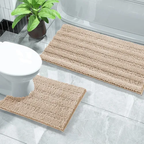 Vista 26 de Yimobra Juego de 2 alfombras de baño de felpilla suave y absorbente y alfombra para inodoro en forma de U, antideslizante, lavable a máquina