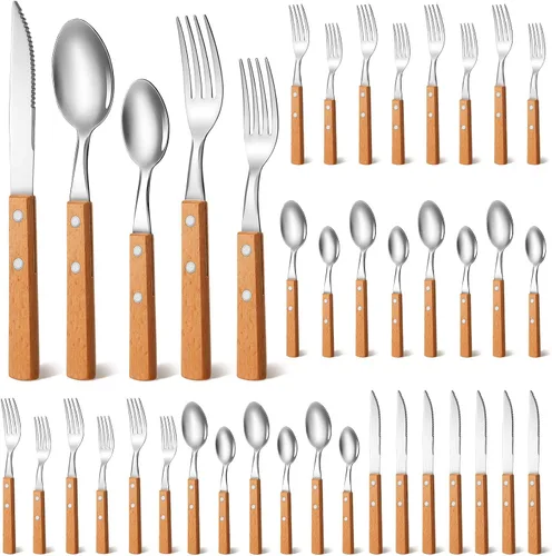 Vista 8 de Juego de cubiertos con mango de madera, 40 piezas, mango de nogal, 18/8 (304), acero inoxidable, mango de madera, cuchillo, tenedor, cuchara