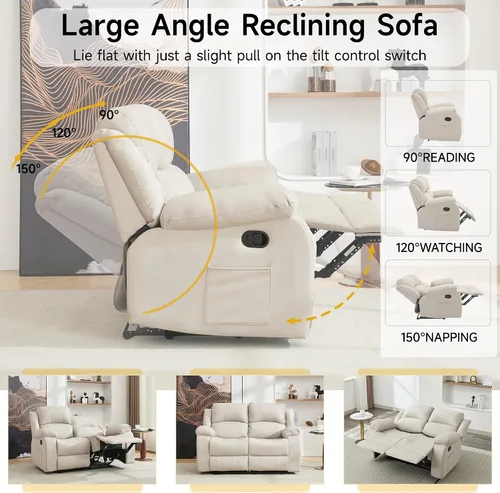 Vista 7 de Sofá reclinable de dos plazas de cuero, sofá reclinable de 2 plazas para sala de estar, sofá para cine en casa (Sofá de dos plazas, Beige)