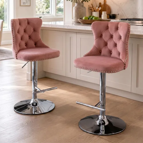 Vista 301 de SoarFlash Juego de 2 taburetes de bar tapizados de terciopelo moderno con patas de madera, botones acolchados, cabeza de clavo cromada, asiento