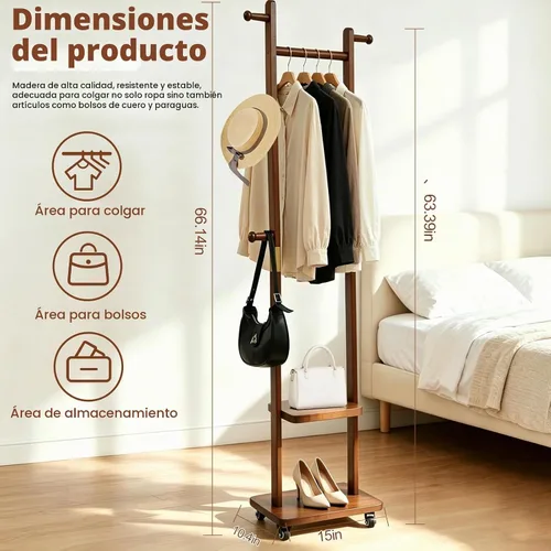 Vista 2 de Perchero de madera maciza con ruedas, perchero de 2 niveles con 5 ganchos