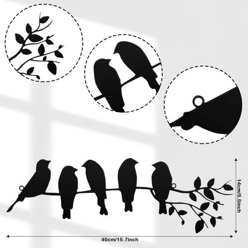 Vista 2 de Ferraycle Arte de pared de pájaro de metal, pájaros en rama con hojas, letrero de metal para colgar en la pared para balcón, jardín, decoración