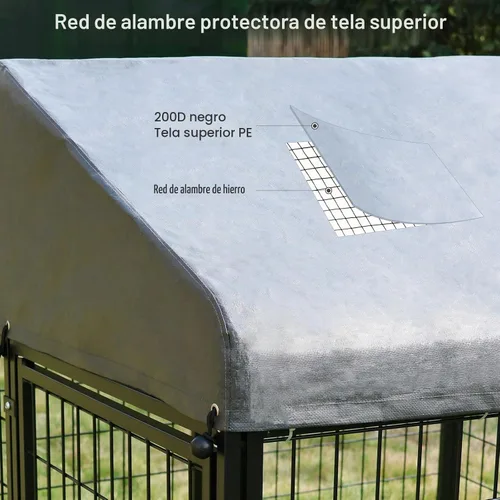 Vista 6 de Perrera para perros al aire libre de 4.5 x 4.5 x 4.9 pies con techo y soportes giratorios para tazones, recinto de metal grande para perros, casa