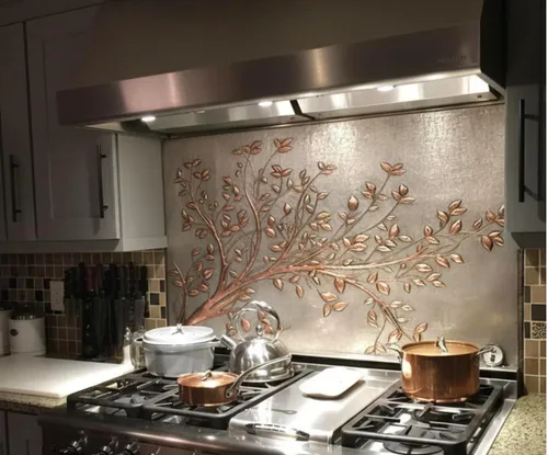 Vista 14 de Azulejos de salpicadura de cocina de cobre hechos a mano, ramas de árbol con hojas para salpicadura de cocina, panel decorativo de salpicadura