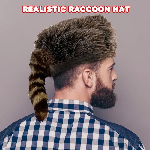 Vista 5 de ArtCreativity Sombrero de mapache de piel sintética para niños y adultos, gorra de piel de animal con cola de piel sintética, accesorio de disfraz