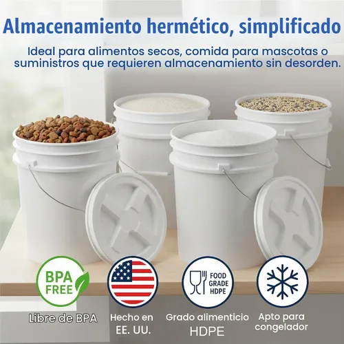 Vista 2 de Paquete de 6 cubetas prémium de 5 galones, HDPE de grado alimenticio sin BPA, color blanco, sin tapa