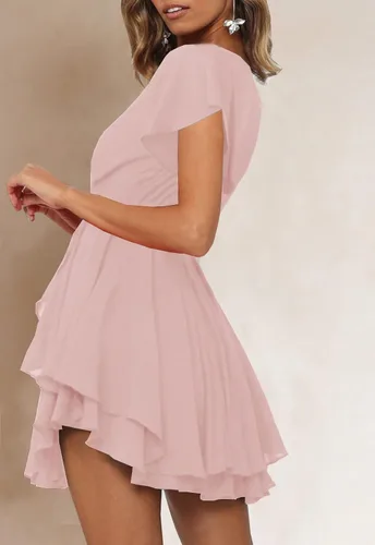 Vista 3 de Ferlema Vestido corto de verano para mujer, cuello en V, manga corta, lazo en la cintura, casual, acampanado, con vuelo