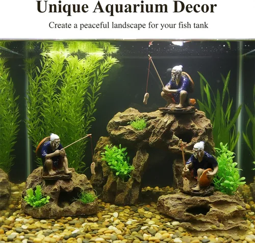 Vista 3 de 3 piezas de pescador estatua de pesca adorno bonsái accesorio árbol olla china hombre cerámica jardín decoración pecera bonsái jardín decoración