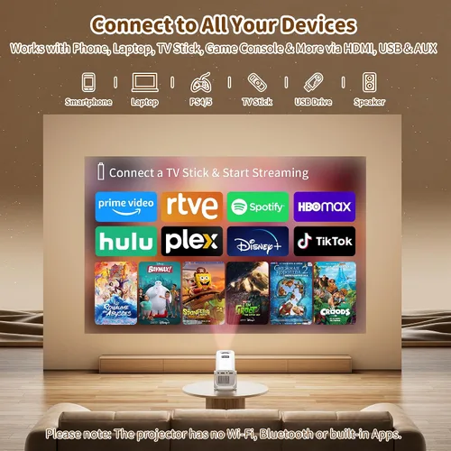 Vista 9 de Mini proyector con soporte 4K, proyector portátil de corto alcance (Luna)