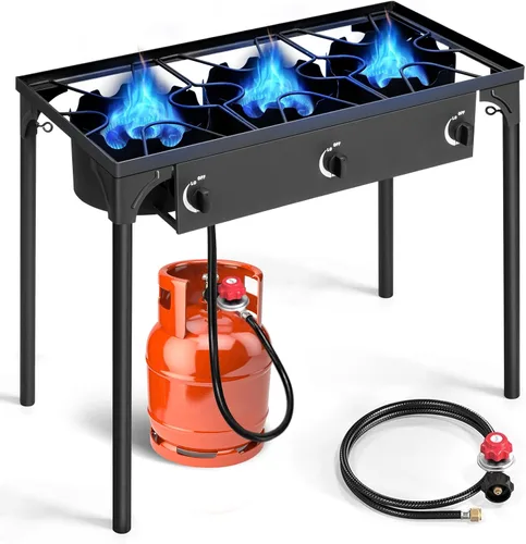Vista 9 de Outvita Estufa de camping de gas portátil de 75,000 BTU, quemador de propano para exteriores con regulador de 20 psi, cocinilla individual de alta