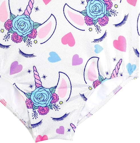 Vista 15 de HOZIY - Leotardos de manga larga para niñas, de gimnasia, para niños pequeños, trajes florales de unicornio, galaxia, arco iris, patrón de rayas