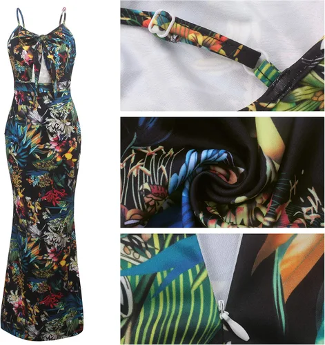 Vista 4 de Women's Summer Floral Spaghetti Strap Long Maxi Dresses Low-Cut Bohemian Beach Sundress Negro