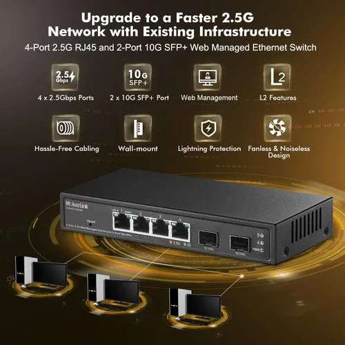Vista 2 de MokerLink Switch Gestionado de 4 Puertos 2.5G con 2 Puertos Ranura SFP+ 10G, 4 x Puertos Base-T de 2.5Gigabit Compatible con 10/100/1000Mbps, Switch