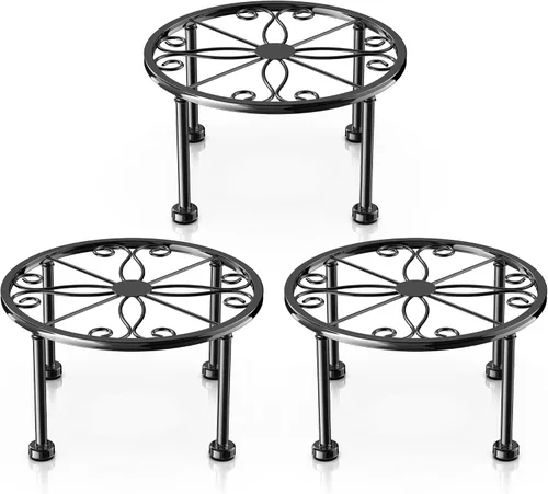 Vista 9 de Regalos de Jardín para Amantes de Plantas Soporte de Plantas de Metal Negro con Base Antideslizante, Resistente al Óxido, Decorativo, Redondo