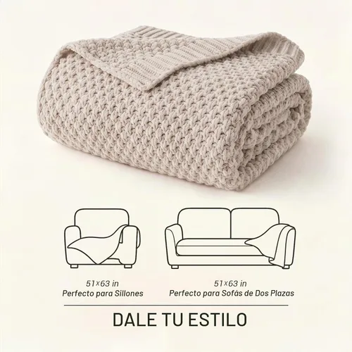 Vista 4 de Manta de punto gruesa de cable beige ligera 100% algodón orgánico para sofá, sofá cama, bebé, guardería, rústico, shabby chic, moderno, granja, 51