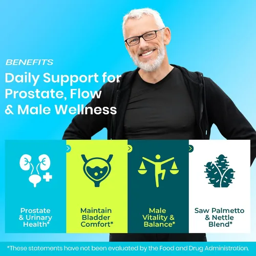 Vista 2 de Apoyo para la salud de la próstata y comodidad urinaria para hombres con palma enana, ortiga y beta-sitosterol Apoya el tamaño y el flujo