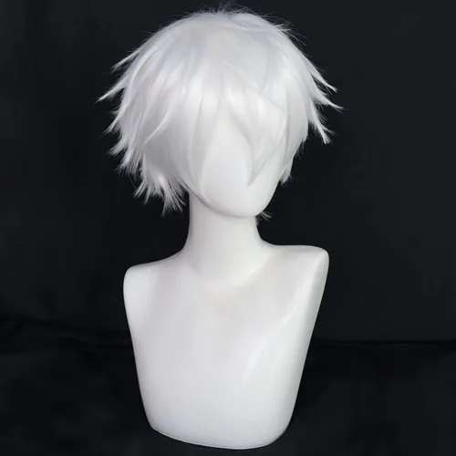 Vista 2 de Anogol Gorro de pelo + peluca corta blanca para hombres, peluca blanca para cosplay, peluca blanca corta para Halloween, evento de Navidad, fiesta