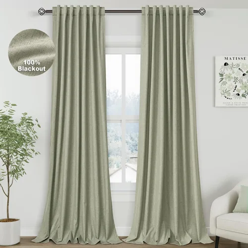 Vista 60 de Nanspring Cortinas de lino 100% opacas para dormitorio, 96 pulgadas de largo, con pestaña trasera, bolsillo para barra, aislamiento térmico, cortina