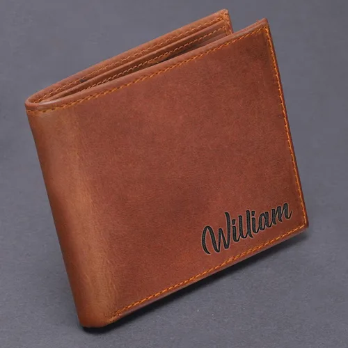 Vista 8 de Cartera personalizada para hombre, billetera de cuero genuino, carteras personalizadas para hombre, marido, papá, novio, novio, regalo para Marrón