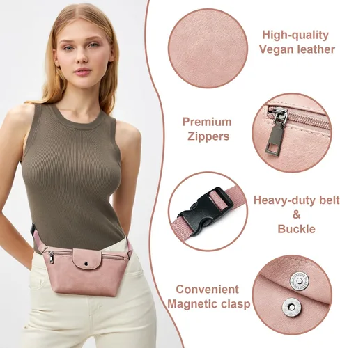 Vista 4 de OPAGE Riñonera de cuero para mujer, riñonera cruzada con correa ajustable, 2-3 Bicolor Rosa