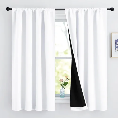 Vista 102 de NICETOWN Biscotti Beige 100% Cortinas opacas de 45" de largo para cocina, bolsillo con varilla para sótano completamente opaco, cortinas térmicas
