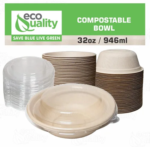 Vista 5 de [Paquete de 300] Cuencos redondos de papel compostables desechables de 32 onzas con tapas de cúpula, resistente, bagazo natural ecológico sin