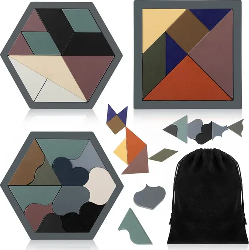 Vista 10 de Yunsailing Paquete de 3 rompecabezas grandes de madera hexagonal Tangram rompecabezas de madera rusa para adultos desafío teasers geométrico, lógica