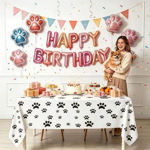 Vista 4 de BOYIVI Mantel de plástico con estampado de patas de cachorro, 3 piezas, tamaño grande, rectangulares, desechables, fundas de mesa rectangulares