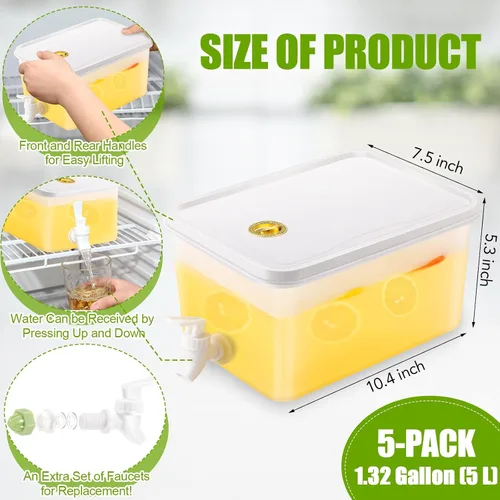 Vista 2 de Zhehao Paquete de 5 dispensadores de bebidas para refrigerador, dispensador de bebidas transparente de 1.32 galones con espita a prueba de fugas