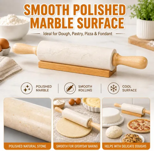 Vista 6 de Creative Home Rodillo de mármol de 18 pulgadas con asas de madera y cuna, se mantiene fresco de forma natural, piedra duradera para un control