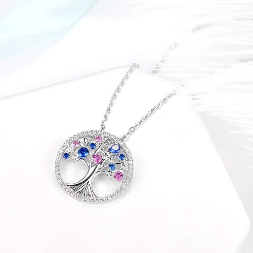 Vista 3 de Collar del árbol de la vida para ella, piedras natales de septiembre y octubre, zafiro azul, rosa, turmalina, joyería para mujer, joyería fina