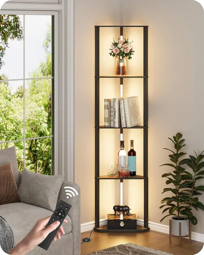 Vista 12 de Estante de exhibición de 64.2 pulgadas con luz, lámpara de pie de esquina moderna con estantes, lámpara de pie LED regulable con control remoto
