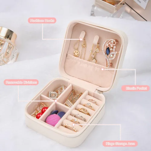 Vista 6 de XZUZ Pequeñas cajas de joyería de viaje, organizador de joyas portátil, cajas de almacenamiento para aretes, anillos, collares, cajas de joyería