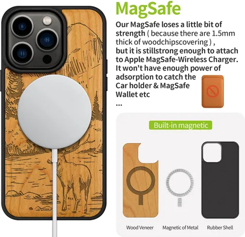 Vista 5 de Carveit Funda magnética de madera para iPhone 14 Pro, madera natural y TPU suave negro, funda protectora a prueba de golpes, funda de madera única